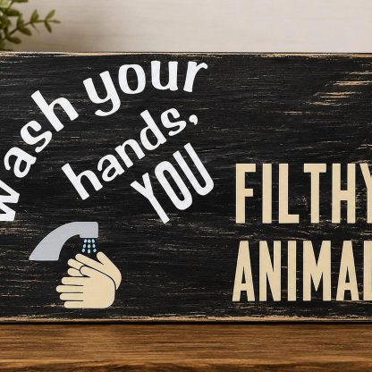 Wash Your Hands Funny Bathroom Sign - Hand-Painted Pine Wood Wall Art - 11x8 in – pine wood sign detail, Brown Fox Artistry