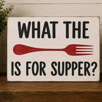 What the Fork Is for Dinner Sign - Hand-Painted Pine Wood Wall Art - 16x12 in – pine wood sign detail, Brown Fox Artistry