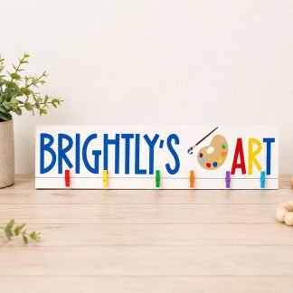 Personalized Kids Art Display Hanger with Colorful Clips – hand-painted pine wood sign by Brown Fox Artistry