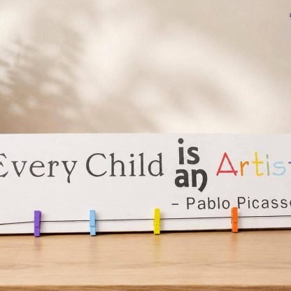Every Child is an Artist Picasso Quote Sign - Hand-Painted Pine Wood Wall Art - 20x6 in – pine wood sign detail, Brown Fox Artistry