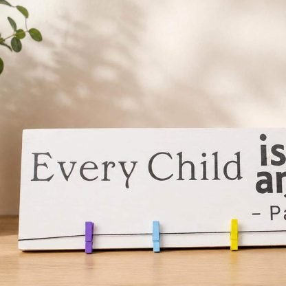 Every Child is an Artist Picasso Quote Sign - Hand-Painted Pine Wood Wall Art - 20x6 in – pine wood sign detail, Brown Fox Artistry