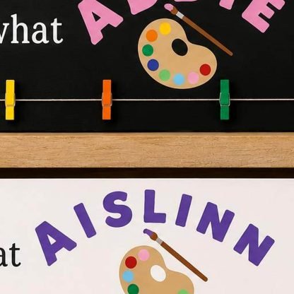 Personalized Kids Art Hanger - Hand-Painted Pine Wood Sign - 20x6 in – pine wood sign detail, Brown Fox Artistry