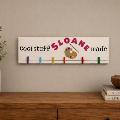 Cool Stuff Kids Made Personalized Kids Art Hanger – pine wood sign detail, Brown Fox Artistry