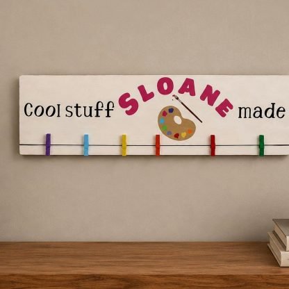 Cool Stuff Kids Made Personalized Kids Art Hanger – pine wood sign detail, Brown Fox Artistry