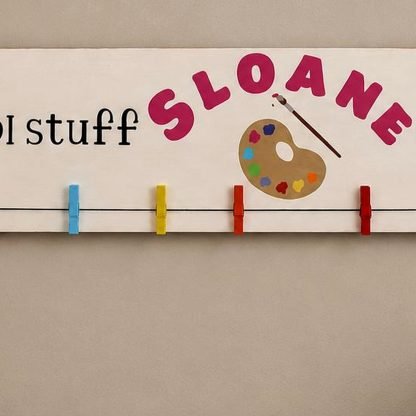 Cool Stuff Kids Made Personalized Kids Art Hanger – pine wood sign detail, Brown Fox Artistry