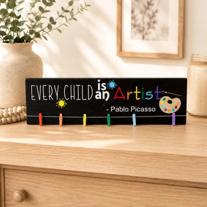 Every Child Is an Artist Sign - Hand-Painted Pine Wood Wall Art - 20x5.5 in – pine wood sign detail, Brown Fox Artistry