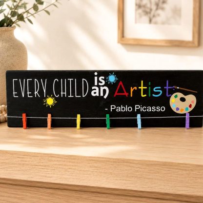 Every Child Is an Artist Sign - Hand-Painted Pine Wood Wall Art - 20x5.5 in – pine wood sign detail, Brown Fox Artistry