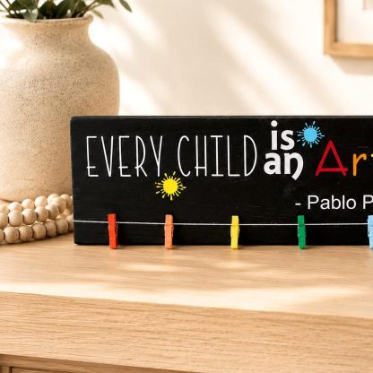 Every Child Is an Artist Sign - Hand-Painted Pine Wood Wall Art - 20x5.5 in – pine wood sign detail, Brown Fox Artistry