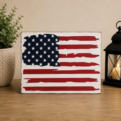 Distressed American Flag Wood Sign - Hand-Painted Pine Wood Wall Art - 16x12 in – pine wood sign detail, Brown Fox Artistry
