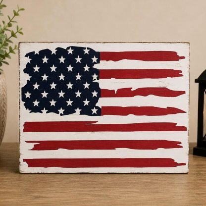 Distressed American Flag Wood Sign - Hand-Painted Pine Wood Wall Art - 16x12 in – pine wood sign detail, Brown Fox Artistry