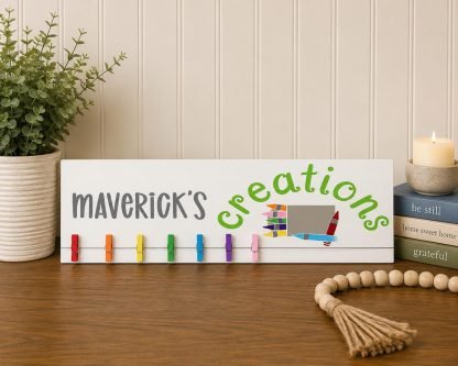 Crayon Design Personalized Kids Art Display Hanger – hand-painted pine wood sign by Brown Fox Artistry