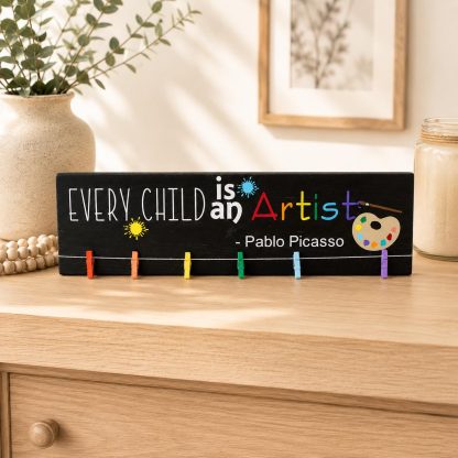 Every Child Is an Artist Sign - Hand-Painted Pine Wood Wall Art - 20x5.5 in – hand-painted pine wood sign by Brown Fox Artistry