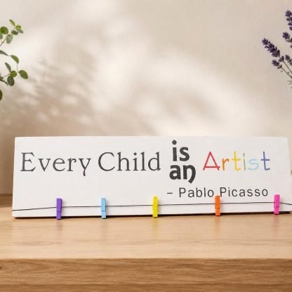 Every Child is an Artist Picasso Quote Sign - Hand-Painted Pine Wood Wall Art - 20x6 in – pine wood sign detail, Brown Fox Artistry