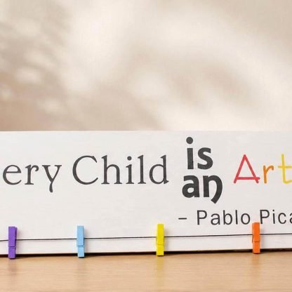 Every Child is an Artist Picasso Quote Sign - Hand-Painted Pine Wood Wall Art - 20x6 in – pine wood sign detail, Brown Fox Artistry