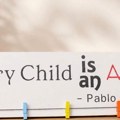 Every Child is an Artist Picasso Quote Sign - Hand-Painted Pine Wood Wall Art - 20x6 in – pine wood sign detail, Brown Fox Artistry