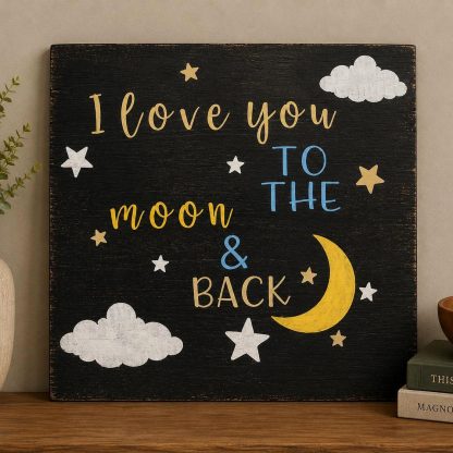 I Love You to the Moon and Back Sign - Hand-Painted Pine Wood Wall Art - 16x16 in – pine wood sign detail, Brown Fox Artistry