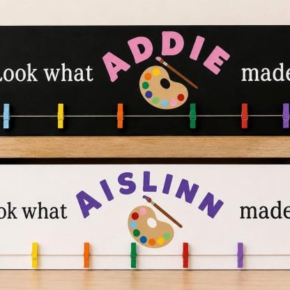 Personalized Kids Art Hanger - Hand-Painted Pine Wood Sign - 20x6 in – pine wood sign detail, Brown Fox Artistry