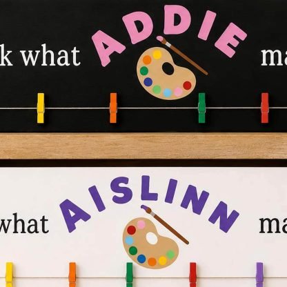 Personalized Kids Art Hanger - Hand-Painted Pine Wood Sign - 20x6 in – pine wood sign detail, Brown Fox Artistry