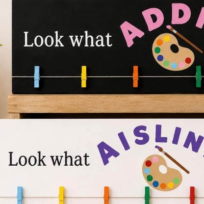 Personalized Kids Art Hanger - Hand-Painted Pine Wood Sign - 20x6 in – pine wood sign detail, Brown Fox Artistry