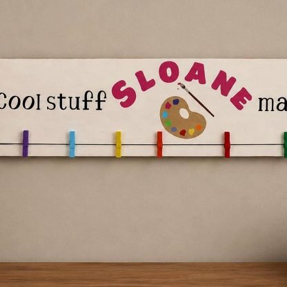 Cool Stuff Kids Made Personalized Kids Art Hanger – pine wood sign detail, Brown Fox Artistry