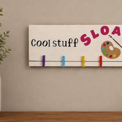 Cool Stuff Kids Made Personalized Kids Art Hanger – pine wood sign detail, Brown Fox Artistry