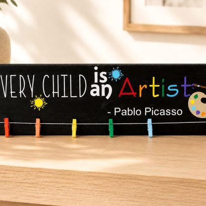 Every Child Is an Artist Sign - Hand-Painted Pine Wood Wall Art - 20x5.5 in – pine wood sign detail, Brown Fox Artistry
