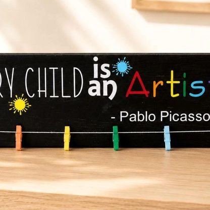 Every Child Is an Artist Sign - Hand-Painted Pine Wood Wall Art - 20x5.5 in – pine wood sign detail, Brown Fox Artistry