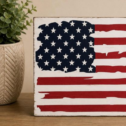 Distressed American Flag Wood Sign - Hand-Painted Pine Wood Wall Art - 16x12 in – pine wood sign detail, Brown Fox Artistry